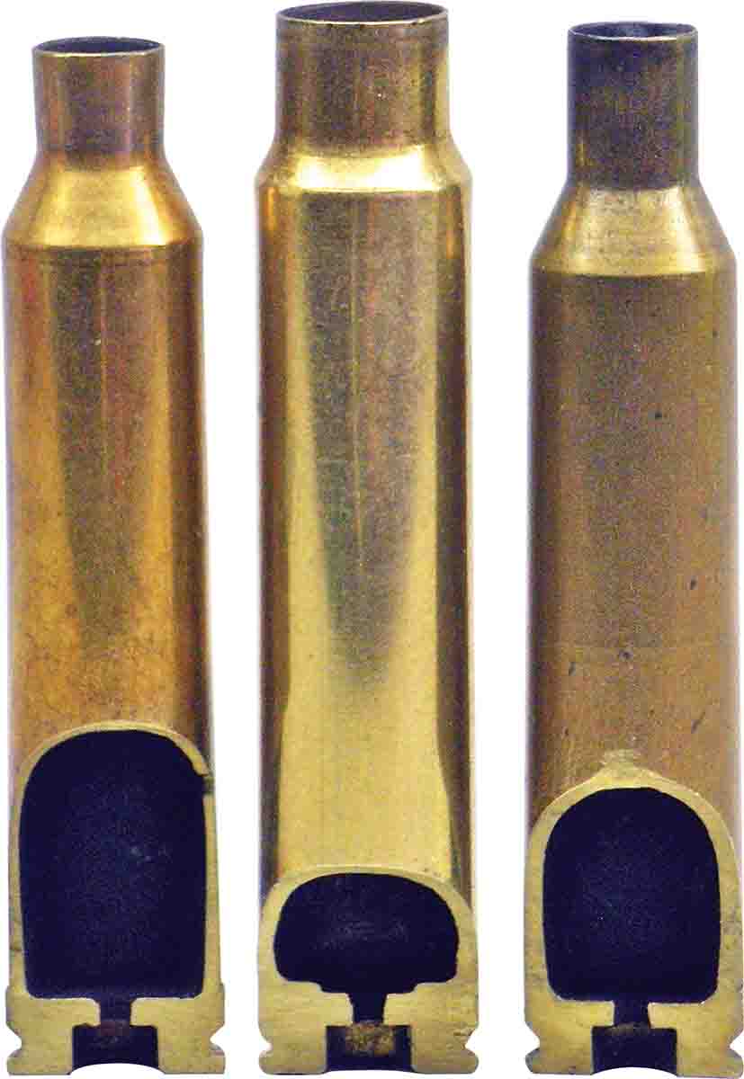 Cases include (left to right): a belted magnum case, a .375 Ruger and a typical rimless case. Note the interior web in the head in the magnum case does not extend to the forward edge of the belt.